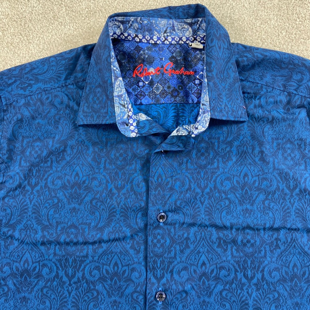 Robert Graham Shirt Mens L Blue Damask Jacquard Short Sleeve Classic Fit